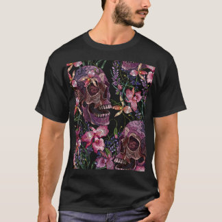 Camiseta Crânio bordado: Padrão Orquídeo Gótico