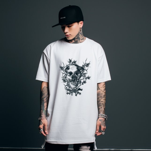 Camiseta Crânio Botânico Escuro e Crossbones Engrenando esb (Criador carregado)