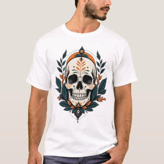 Camiseta Crânio Botânico Gótico com Folhas Verde-azulado Es