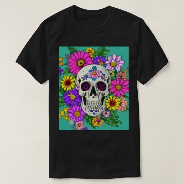 Camiseta crânio colorido com flores (Frente do Design)