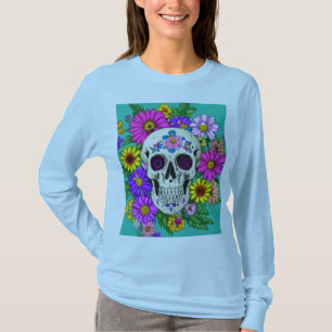 Camiseta crânio colorido com flores T-Shirt