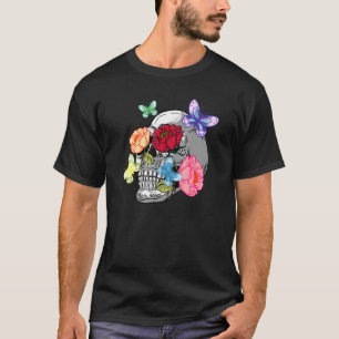 Camiseta Crânio Com Borboletas Flora Cutânea Esqueleto