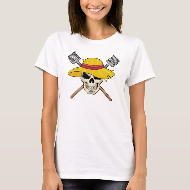 Camiseta Crânio com chapéu como agricultor com Rake (Frente)