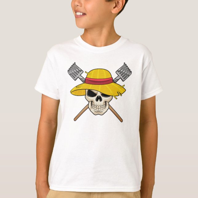 Camiseta Crânio com chapéu como agricultor com Rake (Frente)