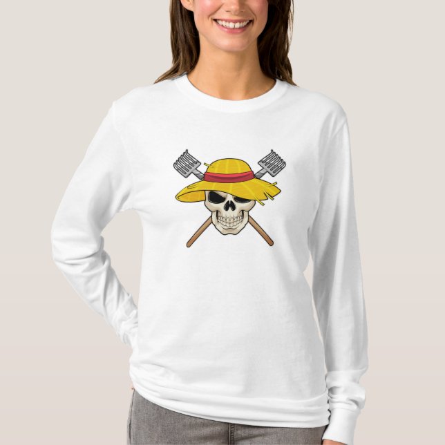 Camiseta Crânio com chapéu como agricultor com Rake (Frente)