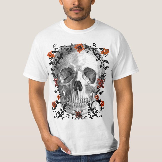 CAMISETA CRÂNIO COM FLORES E IMPRESSÃO DAS VIDEIRAS (Frente)
