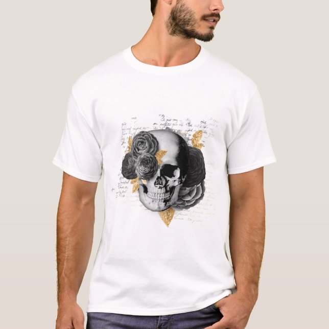 Camiseta Crânio com flores pretas e folhas de ouro gótico (Frente)