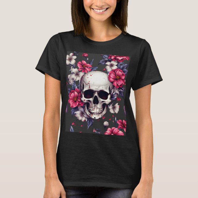 Camiseta Crânio Com Flores Vermelhas (Frente)