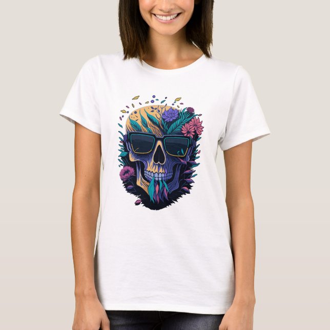 Camiseta Crânio com óculos de sol e flores (Frente)