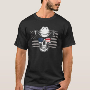 Camiseta Crânio Com Óculos De Sol E Vaqueiro Em Frente A