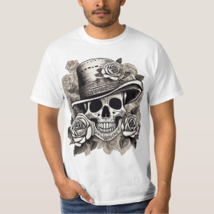 Camiseta Crânio com Rosas no Chapéu - Arte Floral Gótica