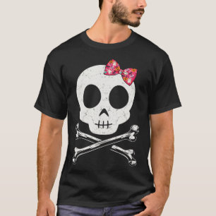 Camiseta Crânio Cónico E Crossbones Rosa Arco Tie Halloween