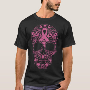 Camiseta Crânio Crânio Fita Rosa Fita Calavera Cancer Awa