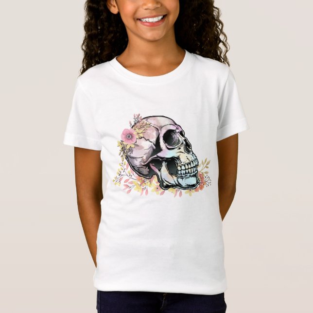 Camiseta Crânio da aguarela com flores do outono (Frente)