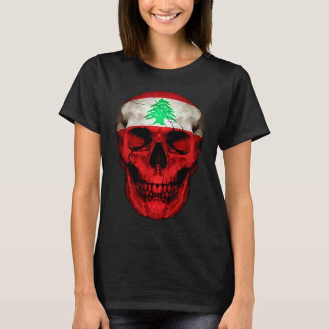 Camiseta Crânio da Bandeira do Líbano Raízes Libanesas Orgu (Frente)