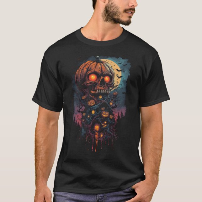 Camiseta Crânio de abóbora de Halloween com olhos brilhante (Frente)