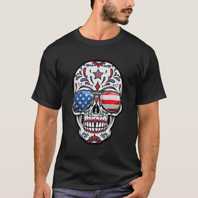 Camiseta Crânio De Açúcar 4 De Julho Bandeira Americana Ócu (Frente)