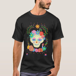 Camiseta Crânio de açúcar branco colorido Día de los Muerto