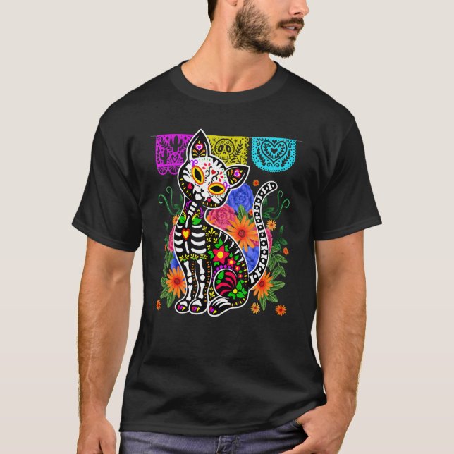 Camiseta Crânio de Açúcar Calavera Cat Dia de Muertos Hallo (Frente)