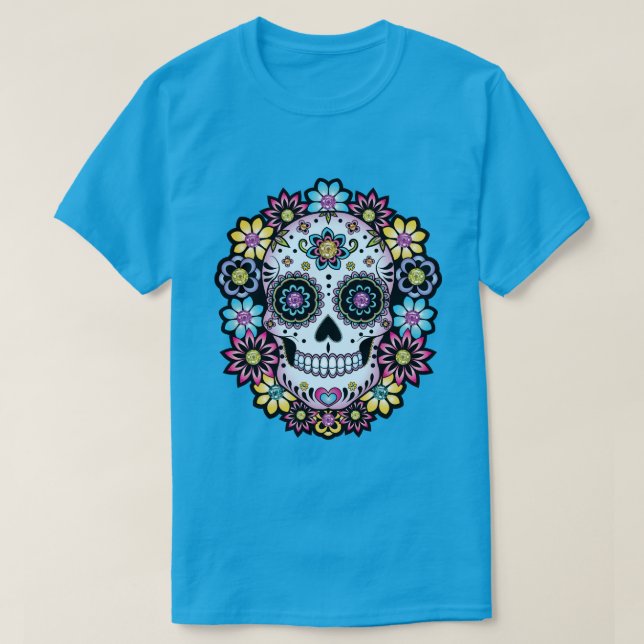 Camiseta Crânio de Açúcar com Flores Coloridas (Frente do Design)
