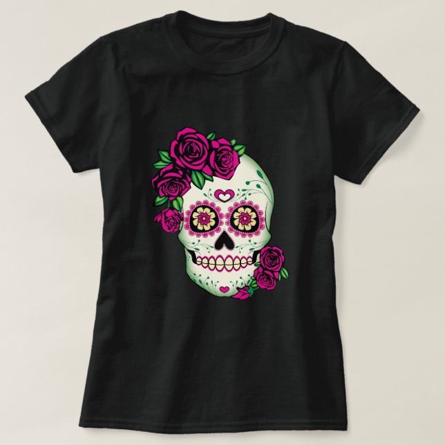 Camiseta Crânio de Açúcar com Rosas (Frente do Design)