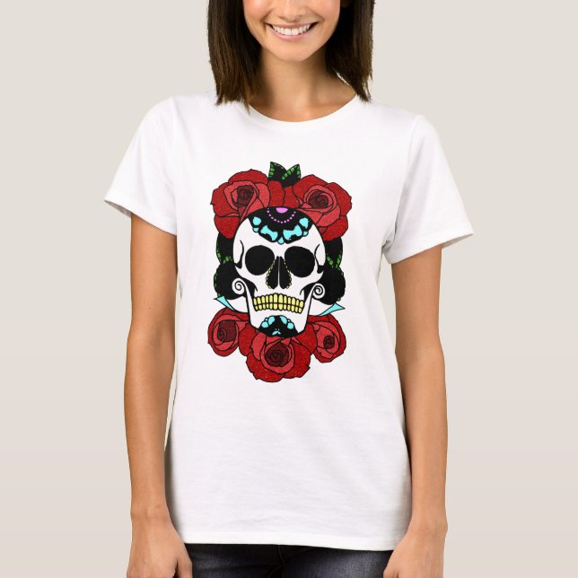 Camiseta Crânio de Açúcar com Rosas vermelhas (Frente)