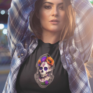 Camiseta Crânio de Açúcar das Mulheres - Púrpura e Crânio d