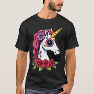 Camiseta Cranio de Açúcar de Unicórnio Arte Mexicana, Camis
