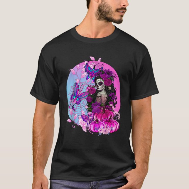 Camiseta Crânio de Açúcar do Halloween, cor-de-rosa, com te (Frente)