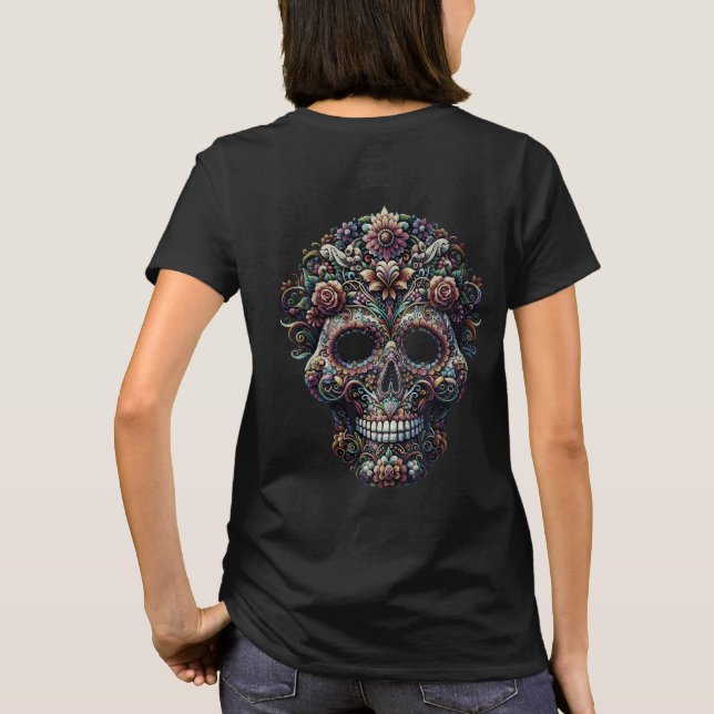Camiseta Crânio de Açúcar Floral Vibrante (Verso)