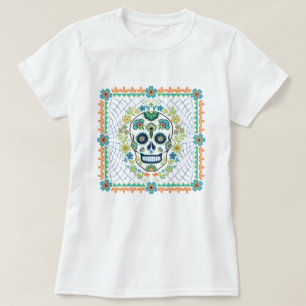 Camiseta Crânio de Açúcar Mexicano com flores de Aqua