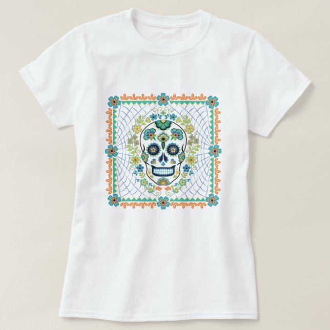 Camiseta Crânio de Açúcar Mexicano com flores de Aqua (Frente do Design)