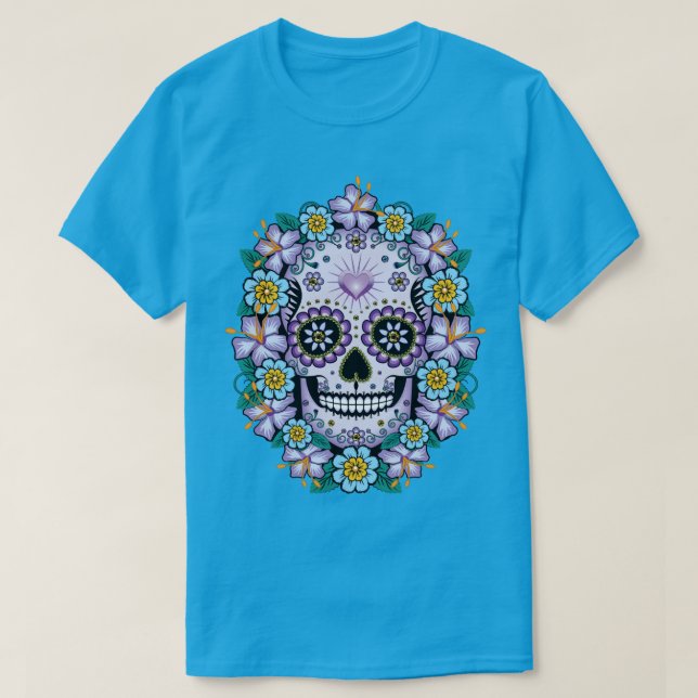Camiseta Crânio de Açúcar Roxo com Flores (Frente do Design)