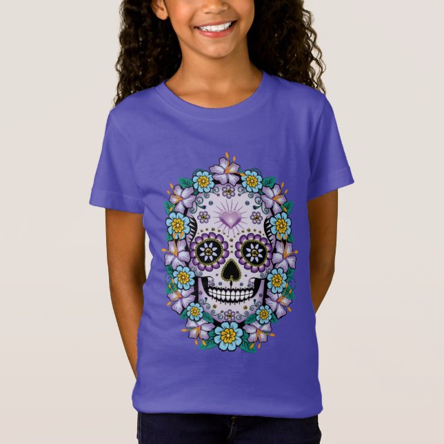 Camiseta Crânio de Açúcar Roxo com Flores (Frente)