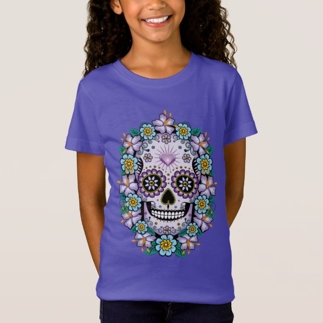 Camiseta Crânio de Açúcar Roxo com Flores (Frente)
