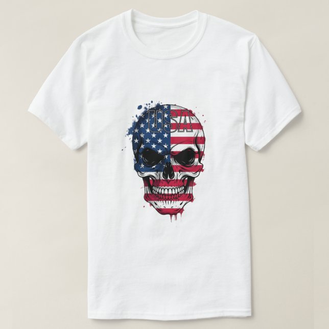 Camiseta Crânio de Bandeira Americano Distante (Frente do Design)