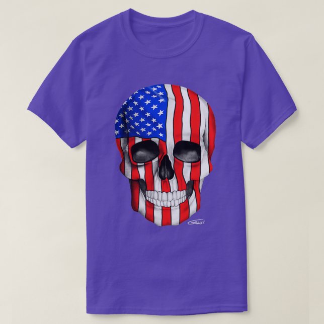 Camiseta Crânio De Bandeira Americano Em Fundo Escuro (Frente do Design)