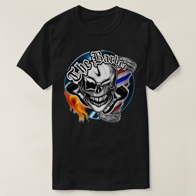 Camiseta Crânio de Barber com Razor Flamejante (Frente do Design)