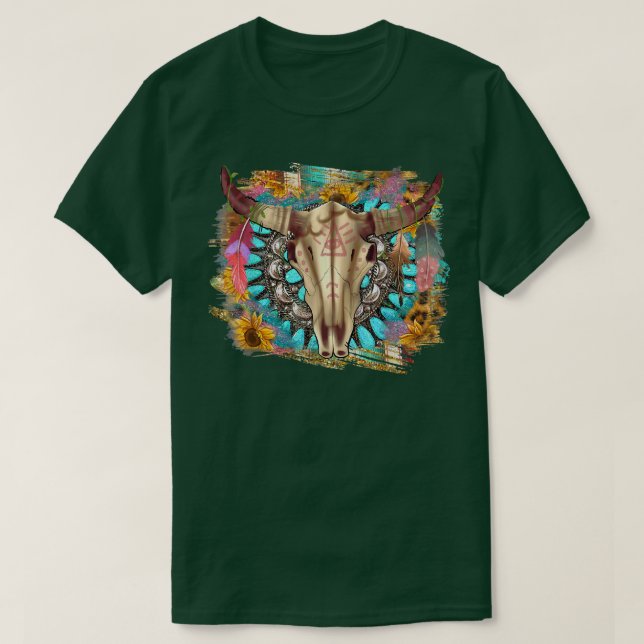 Camiseta Crânio De Boho Ocidental Com Gemstone Turquoise Su (Frente do Design)