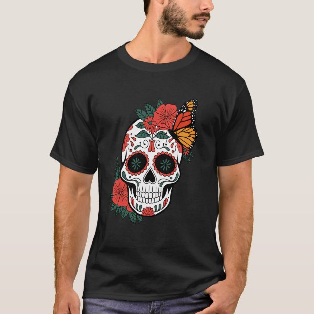 Camiseta Crânio de Borboleta Monarca Cinco De Mayo Hallowee (Frente)