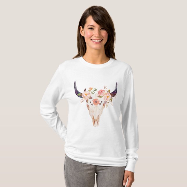 Camiseta Crânio de Bull com coroa da flor (Frente Completa)