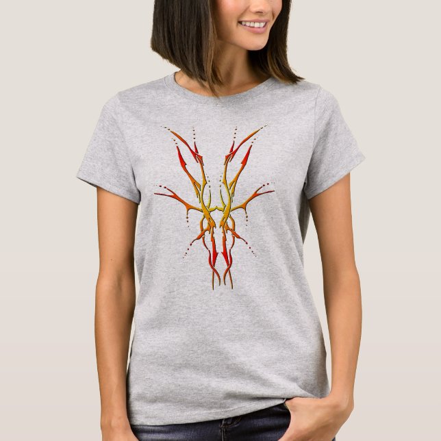 Camiseta Crânio de Cervo Tribal Chama Design de Caça (Frente)