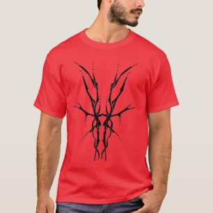 Camiseta Crânio de Cervo Tribal Preto Desenho de Caça