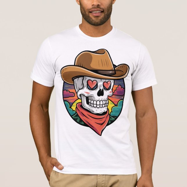 Camiseta Crânio de cowboy bonito - olhos cardíacos (Frente)