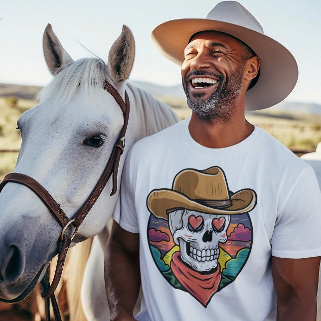 Camiseta Crânio de cowboy bonito - olhos cardíacos (Criador carregado)