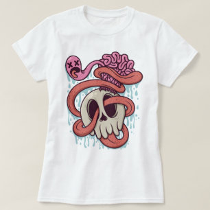 Camiseta Crânio de desenho animado com cérebro e língua