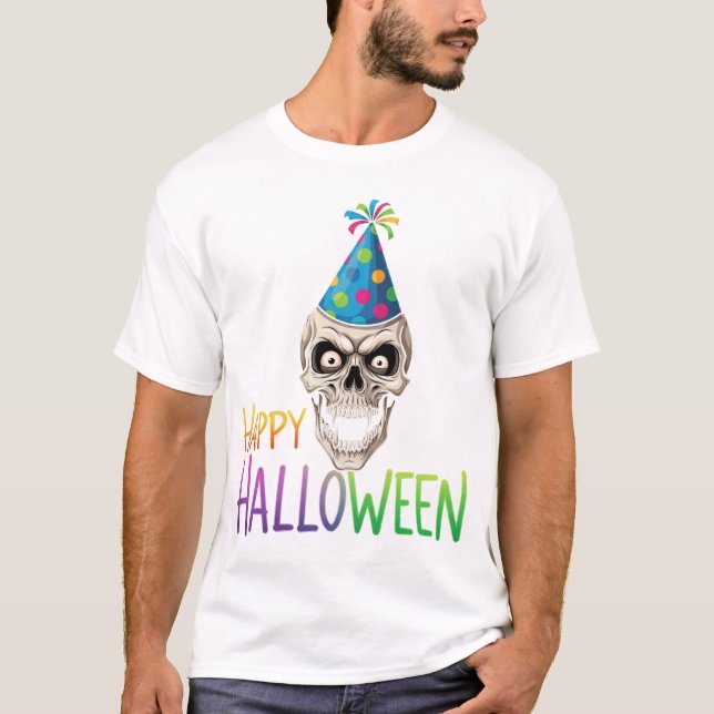 Camiseta Crânio de festa com Halloween colorido (Frente)