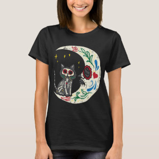 Camiseta Crânio De Gato E Lua Calavera Dia De Muertos H