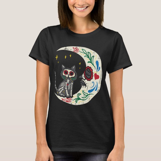 Camiseta Crânio De Gato E Lua Calavera Dia De Muertos H (Frente)