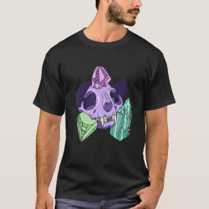 Camiseta Crânio de Gato Pastel Gótico com Cristais Minerais